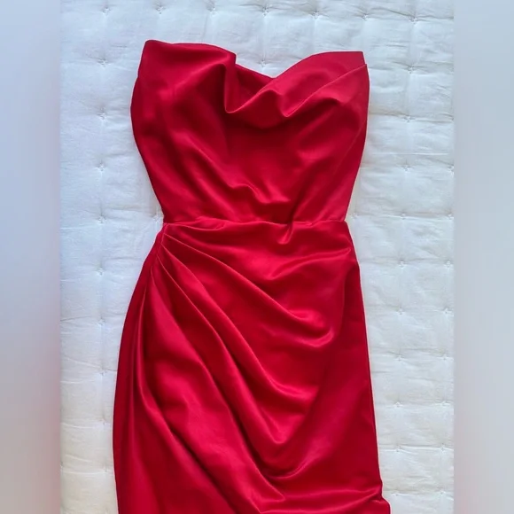 House of CB London XS Adrienne Red Scarlet Strapless Gown Ruched - Picture 6 of 11